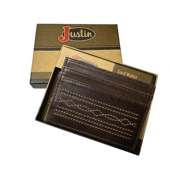 Justin Genuine Leather Card Wallet Stitching Magnetic Money Clip Brown NWT‎