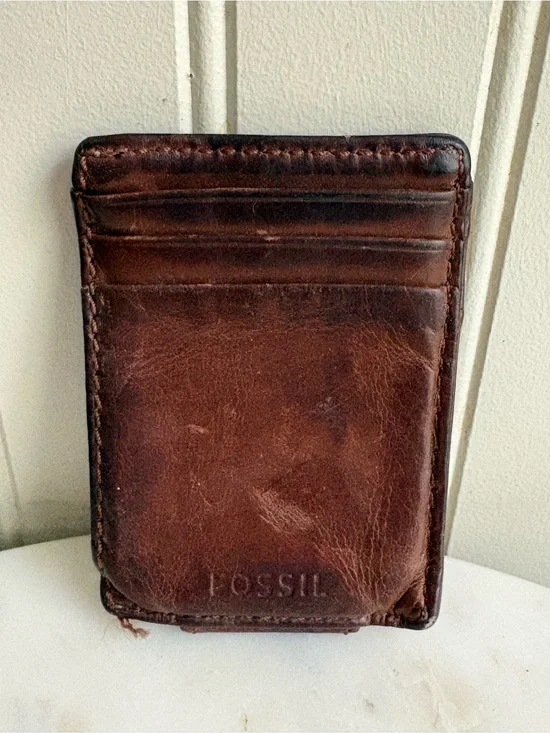Fossil Leather Card Case/Magnetic Money Clip Brown/Navy Designer Masculine Cash