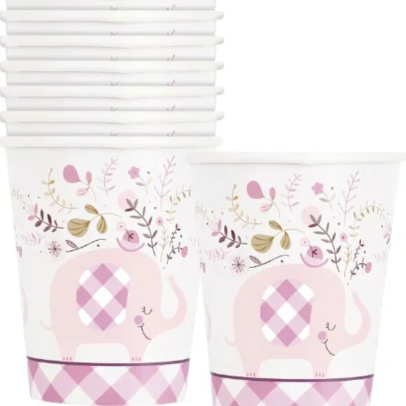 Unique Pink Paper Floral Elephant Paper Cups Party Supplies 8 Count