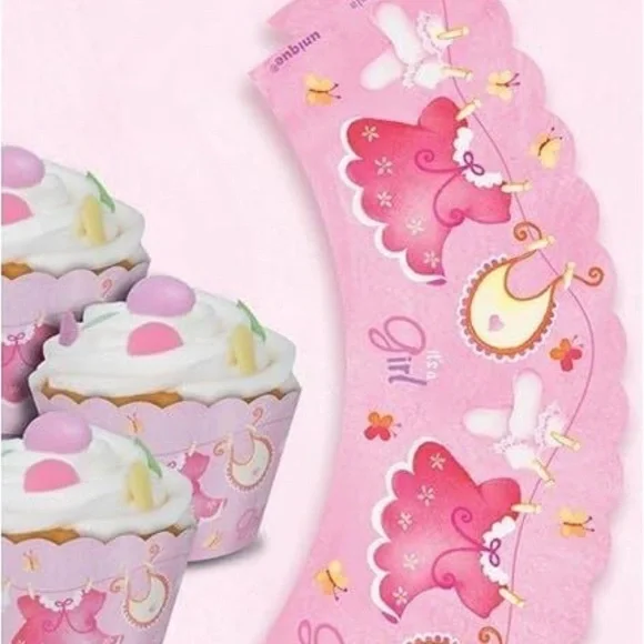 Pink Clothesline Girl Baby Shower Cupcake Wrappers Party Supplies 12 Count