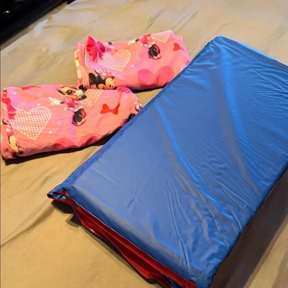 Pink Minnie Mouse sheet Set with Blue and red Folded Sleeping Mat