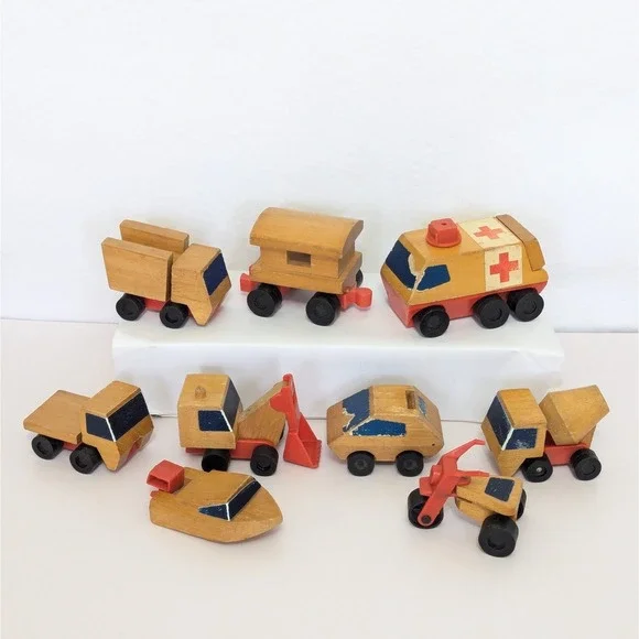 Vtg Lot of 9 Mattel Putt-putt Wood Toy Vehicles Truck Ambulance Boat Car Train