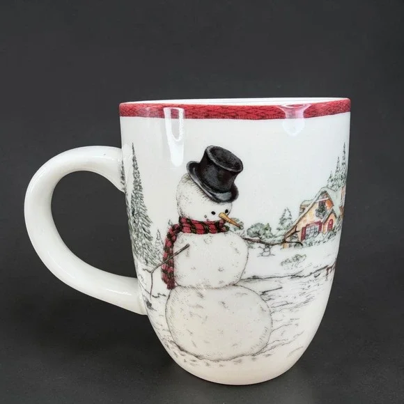 Williams Sonoma Snowman Christmas Coffee Mug Cup Winter Village Scene 13OZ