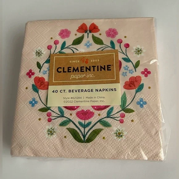 New 40 Pink Paper Beverage Napkins Clementine Butterflies Flowers Leaves