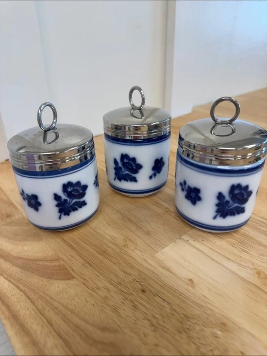 Williams Sonoma Blue and White Porcelain Spice Jars with Silver Lids