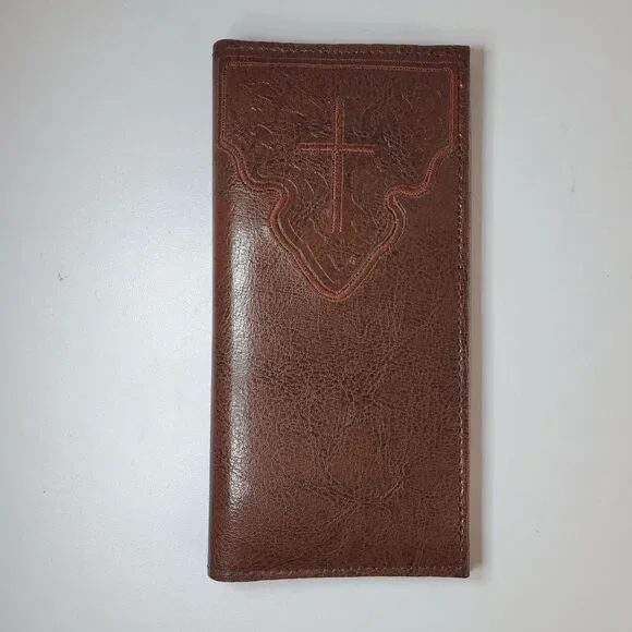 Men’s Brown Coated Leather Wallet Checkbook Embroidered Holy Cross Design NWOT