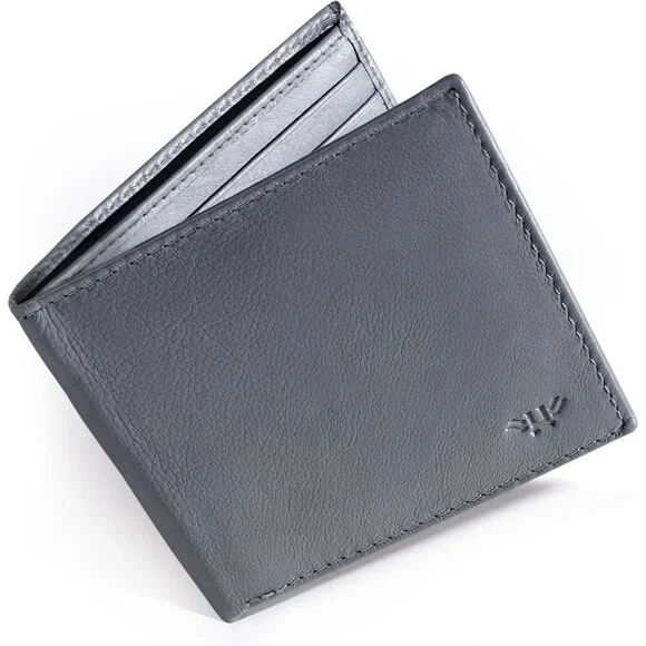 Men's Fashion Genuine Leather Slim Bifold Gray Wallet Card Stylish Blocking