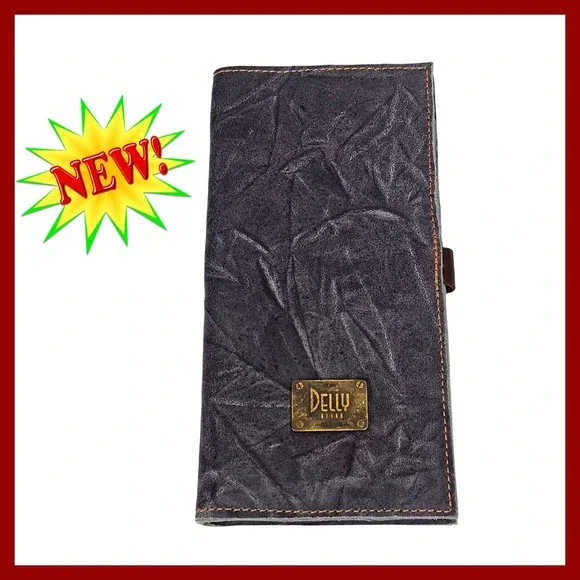 DELLY Men's Distressed Dark Gray Leather Long Bifold Wallet Clutch VTG Organizer