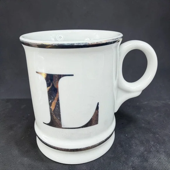 Williams‎ Sonoma Initial L Monogram Mug White Silver Metallic Trim Ceramic Cup