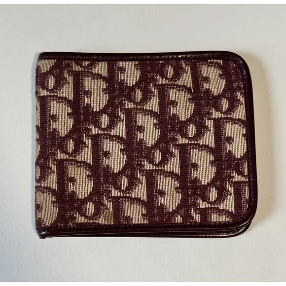 DIOR Trotter Monogram Burgundy & Beige Canvas & Leather Bifold Wallet