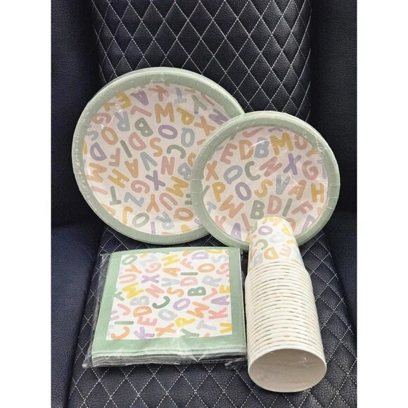 96Pcs Educational Party Supplies Colorful Alphabet Number Plates, Napkins & Cups