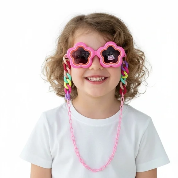 Kids Pink Flower Sunglasses with Colorful Chain