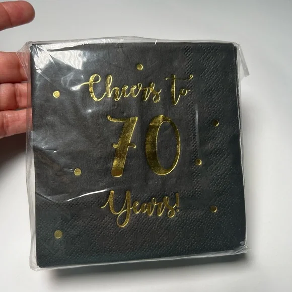 4/$12 💥 NEW Happy Palace Cheers to 70 Years Black/Gold Cocktail Napkins (1338)