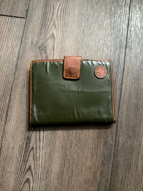 Vintage Hunting World Green Brown Leather Bifold Wallet Coin Purse Luxury Rare