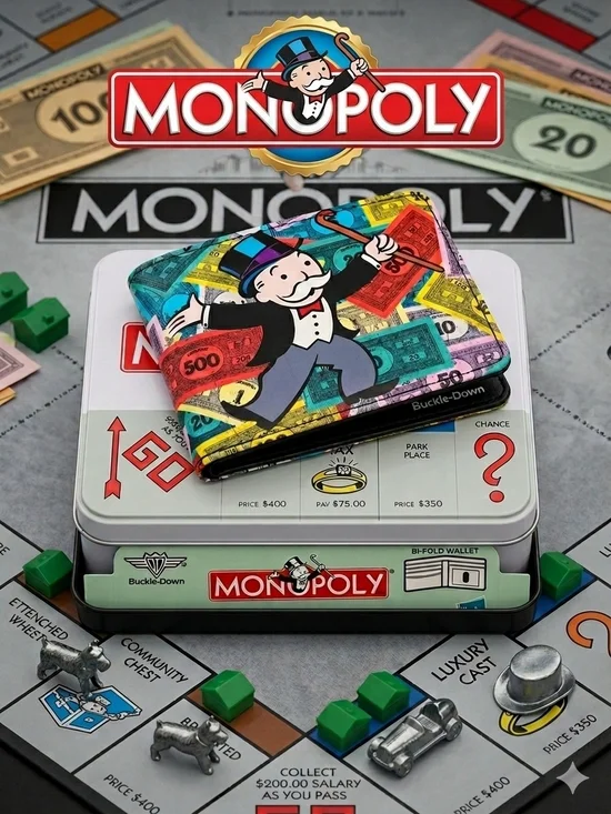 COLLECTIBLE Buckle-Down X MONOPOLY Bi-Fold Vegan Leather WALLET & TIN Set