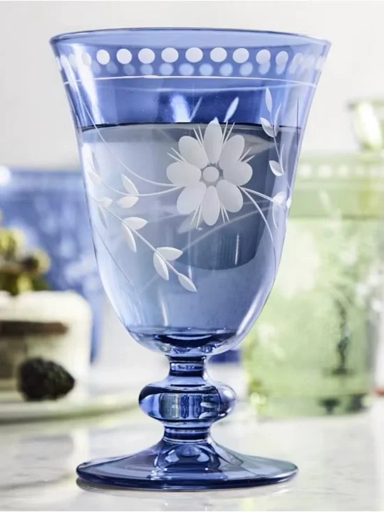 Williams Sonoma Vintage Blue Etched Floral Goblet Glasses - Set of 2
