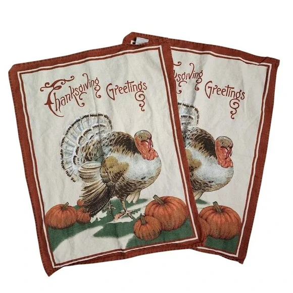 WILLIAMS SONOMA Thanksgiving Greetings Turkey‎ Towels Set of 2 Made in Italy