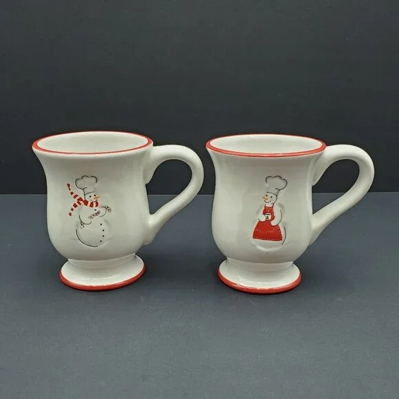 Williams Sonoma Snowman Chef Mugs Williams-Sonoma Footed Snowmen Mugs