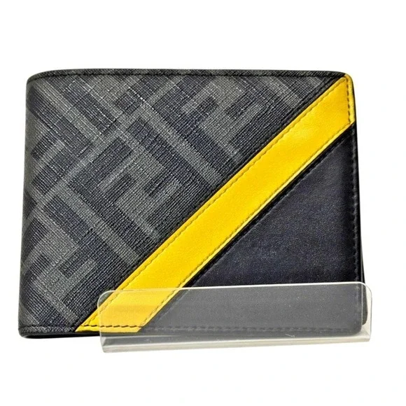 Fendi FF Diagonal Logo Bifold Wallet Gray Zucca Fabric Black Leather Yellow Band