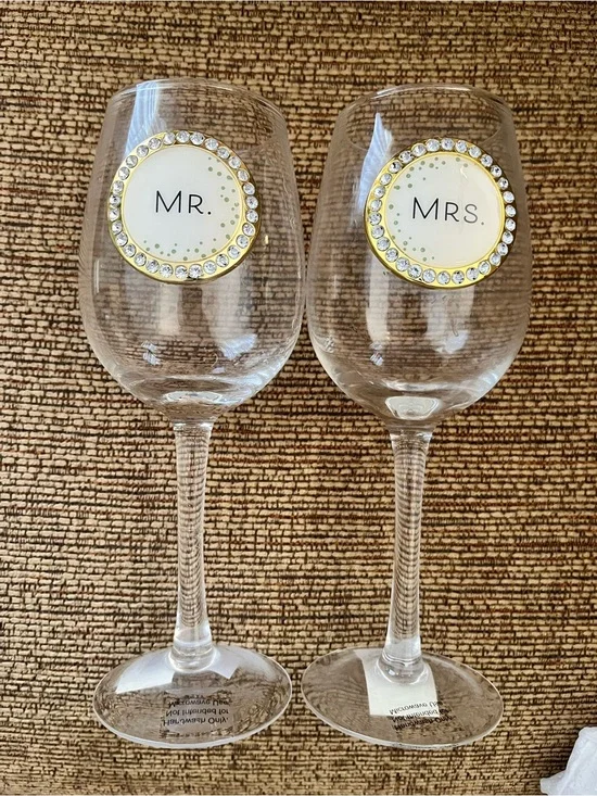 Demdaco Clear Mr. and Mrs. Wine Glasses with Gold and Rhinestone Accents