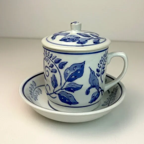 VTG Williams-Sonoma‎ IDG Blue & White Porcelain Tea Cup Lid Saucer Chinoiserie