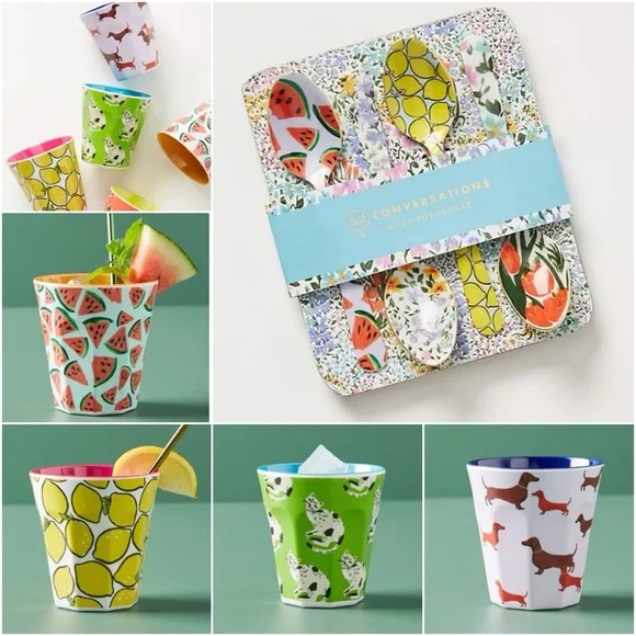 🆕 8pc Set Anthropologie Colloquial Melamine Tumblers & Spoons
