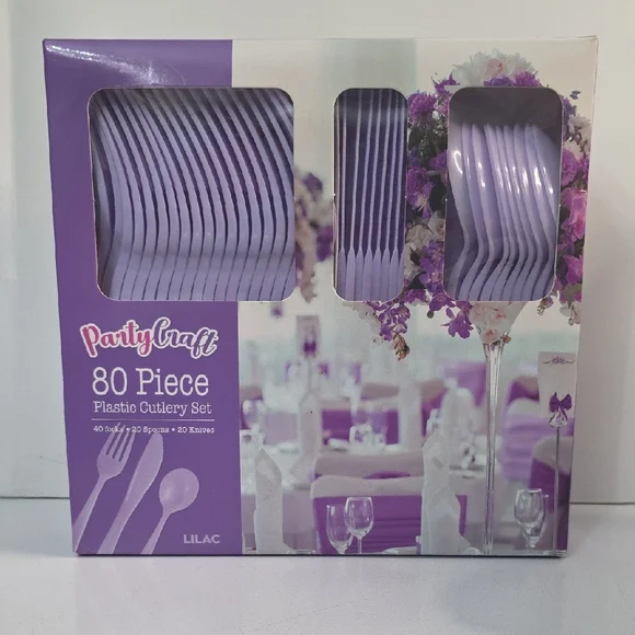 Party Craft Lilac 80 Piece Plastic Cutlery Set, New-in-Package