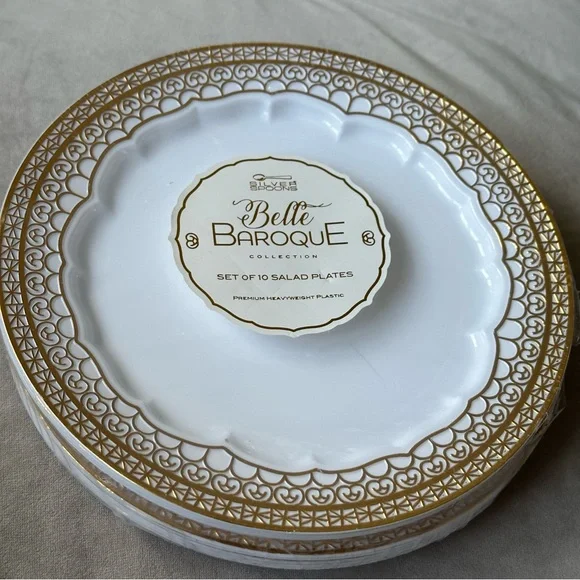 Set Of 10 Belle Baroque Gold and White Plastic Salad Plates Brand New