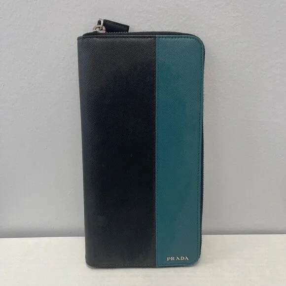 Prada Saffiano Leather Organizer Zippy Wallet in Black and Turquoise - Preowned