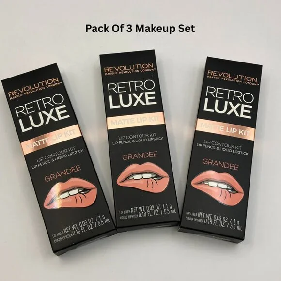 Pack of 3 Revolution Retro Luxe Matte Lip Contour Kit Grandee Liner and Lipstick