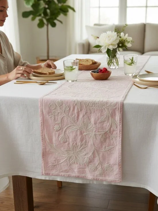 Williams Sonoma Pink Embroidered Floral Table Runner Cottagecore Decor 16
