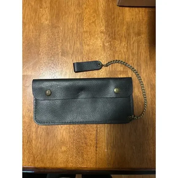 Vintage Black Leather Biker Chain Wallet – Snap Closure – Zipper Pocket – 9”