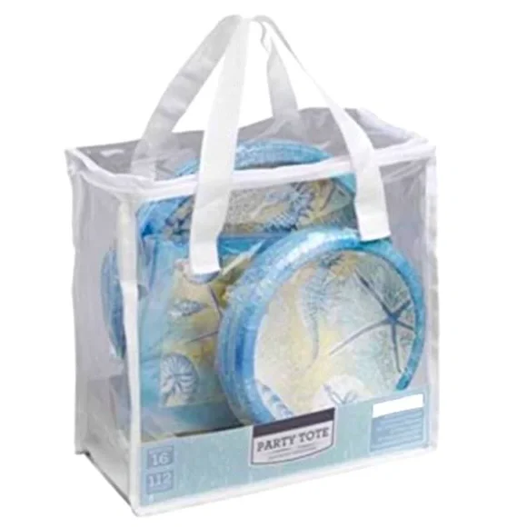 Blue Coastal Mosiac Party Tote w/Tableware, Plates-Napkins-Cutlery, Serves 16