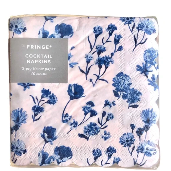 Fringe Studio Spring Blue Florals Cocktail Beverage Scalloped Napkins, 40 ct