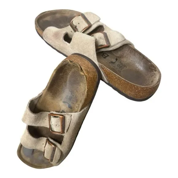 Birkenstock Betula Arizona TAN SAND Suede Leather Double Strap EU 38 USA L 8 M 6