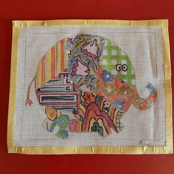 Vintage‎ Elephant Colorful Patchwork Hand Painted Needlepoint Canvas Unworked