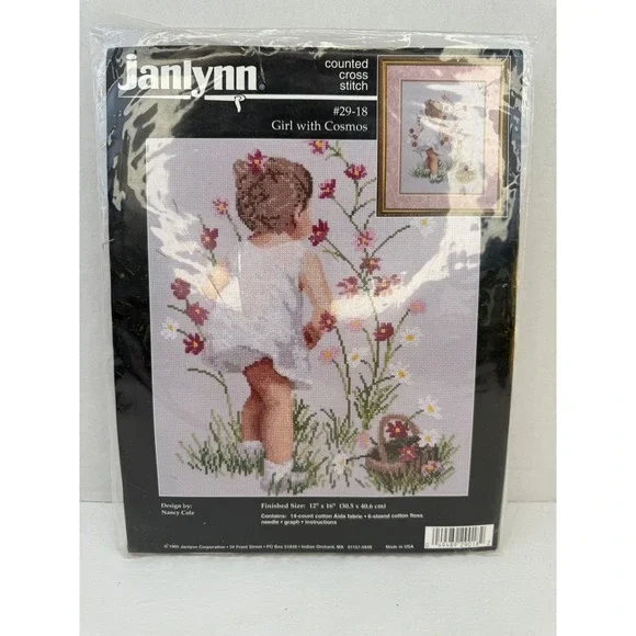 Janlynn Girl with Cosmos Counted Cross‎ Stitch Kit 29-18 Nancy Cole Vintage 1995