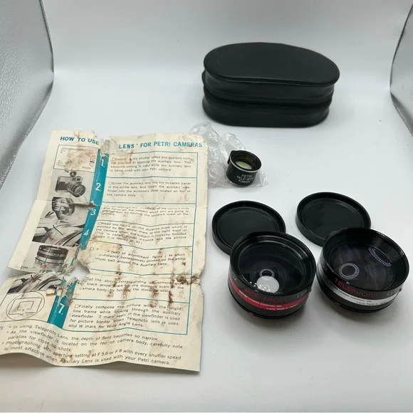 Petri Aux Camera Lens 45mm Telephoto and 45mm Wide Angle 1:1.8 With Case VTG