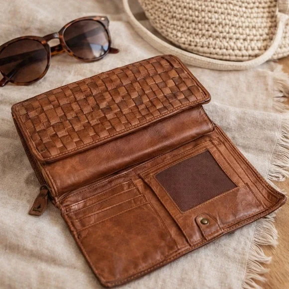 Woven Leather Wallet | Cognac Brown | Bottega-Inspired | Boho Chic Leather Weave