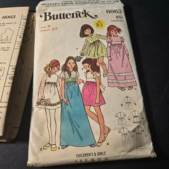 Butterick 6063 sewing pattern Girls dresses Size 8 Breast 27 inches CUT 70s