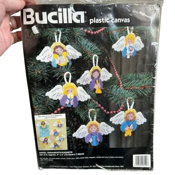 Vintage 1995 Bucilla‎ Plastic Canvas Craft Angels Ornament Magnet Christmas 6159