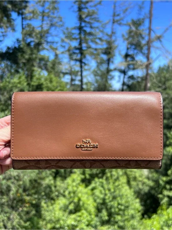 COACH Slim Trifold Wallet Brown Credit Card Holder AUTHENTIC