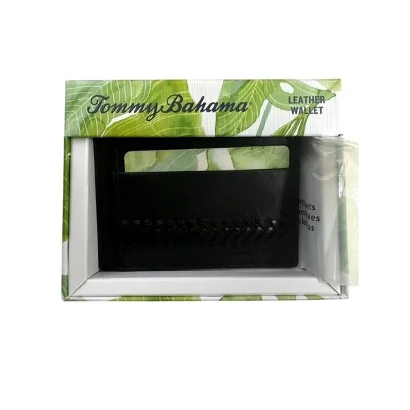 Tommy Bahama Mens Black Leather Laced Detail Card Slots Case Gift Boxed New
