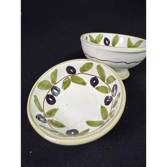 Williams Sonoma‎ Olive Branch Ceramic Bowls Handmade in Italy Set of 2 Footed