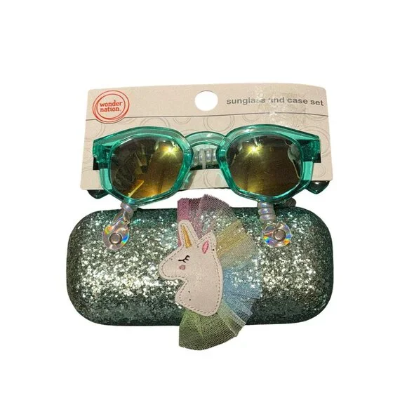 Wonder Nation Girls Unicorn Mint Sunglasses w/ Glitter Hard Case Mirror Lens NWT