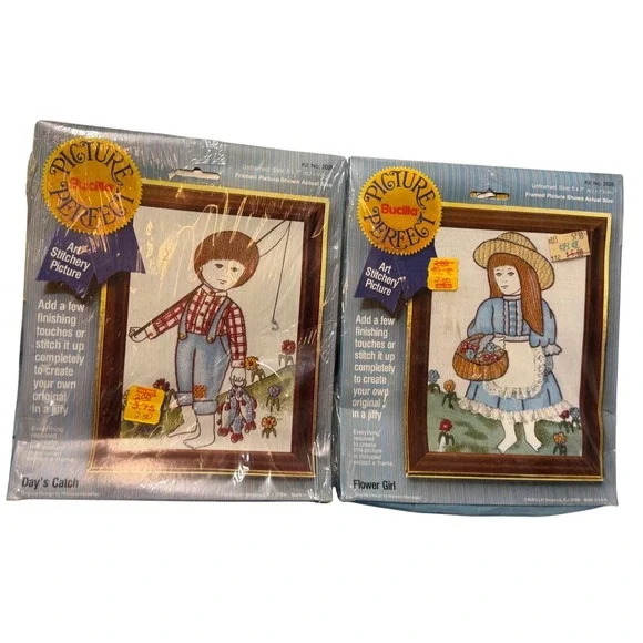 Vtg 2 Bucilla Picture Perfect Art Stichery Picture: Day's Catch & Flower Girl