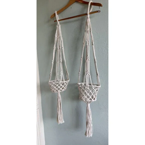 Macrame Plant Hangers Set of 2 Boho Farmhouse Decor Rope White Small