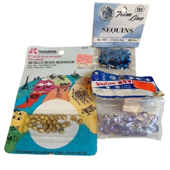 Vintage LeeWards Beads & Sequins Craft Lot Multicolor Supplies Mushroom Beads