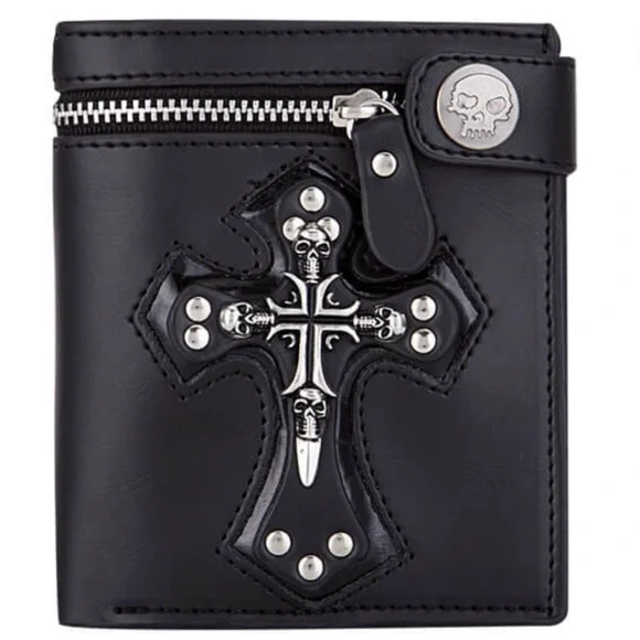 Goth Skull Cross Wallet w/ Chain Black Biker Emo Punk Zip Coin Bill Pocket