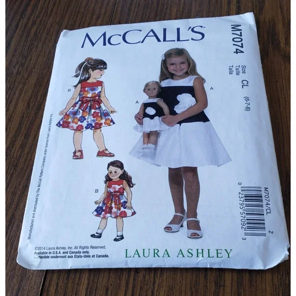 MCCALLS Laura Ashley Sewing Pattern M7074 Child's Dress &Matching Doll Dress 6-8